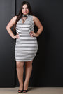 Lace-Up Choker Ribbed Knit Striped Dress