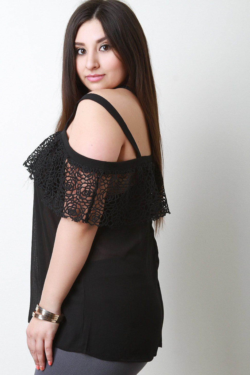 Tiered Floral Crochet Strappy Chiffon Top