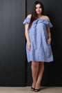 Off The Shoulder Ruffle Striped Shift Dress