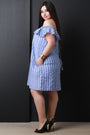 Off The Shoulder Ruffle Striped Shift Dress