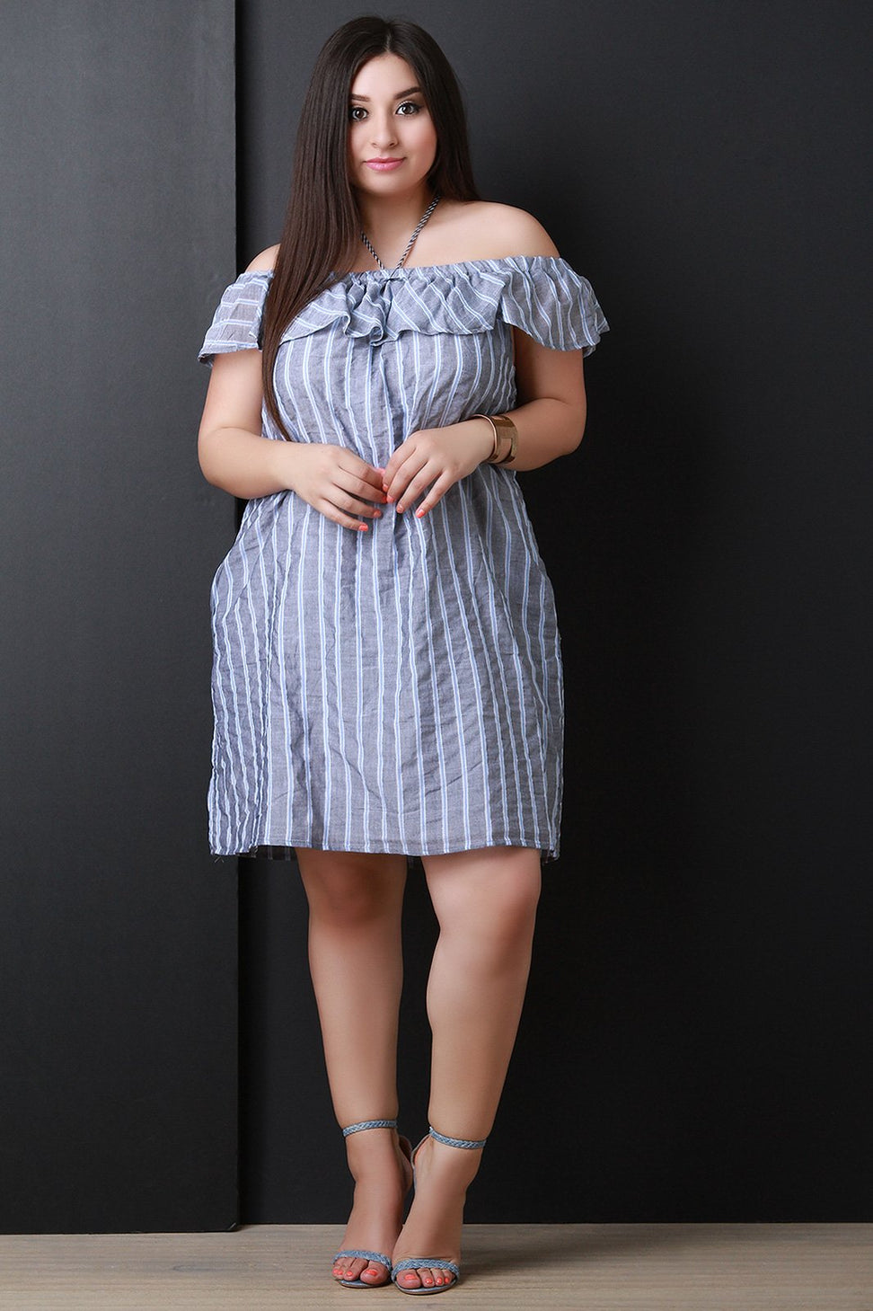 Off The Shoulder Ruffle Striped Shift Dress