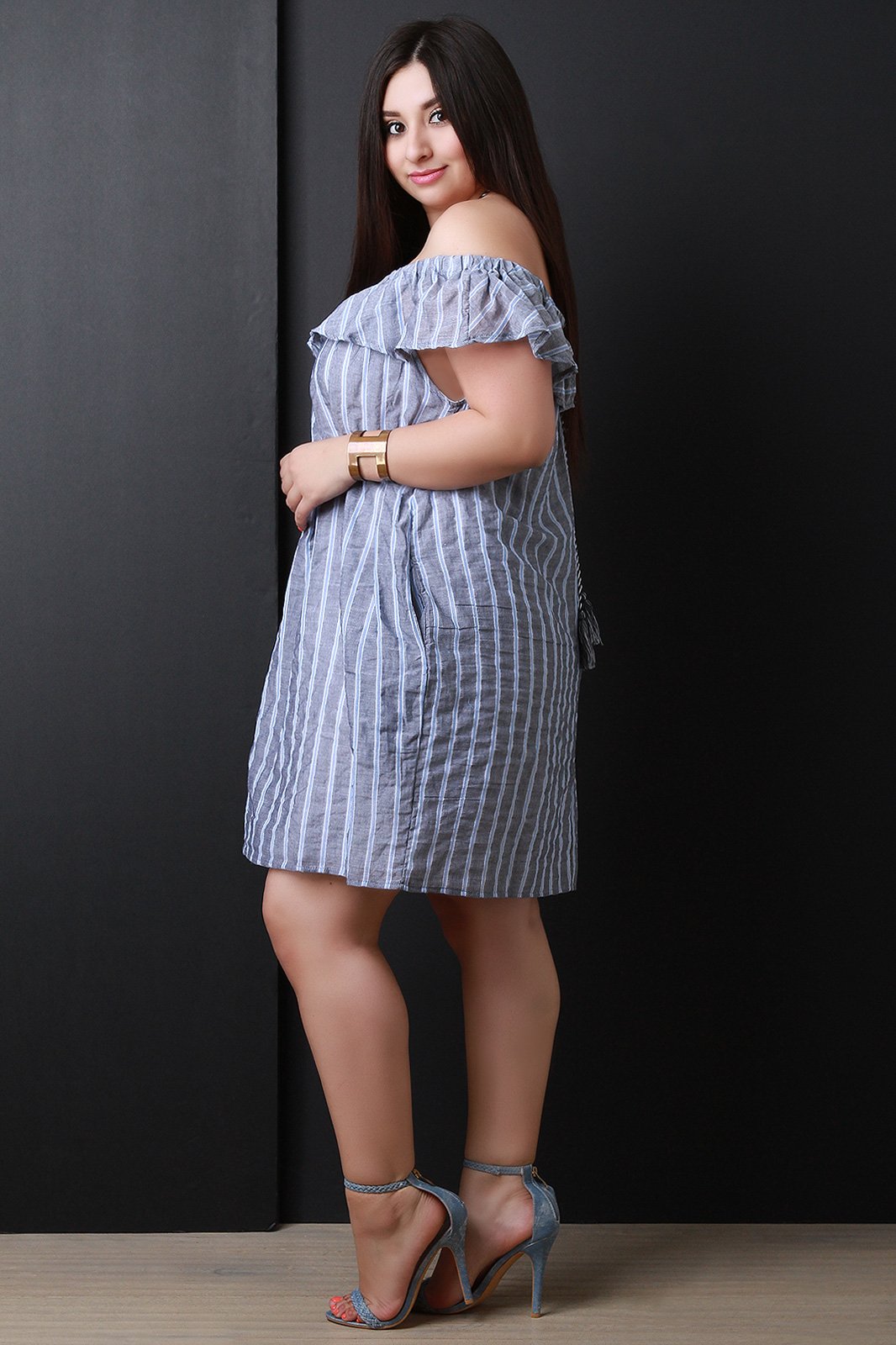 Off The Shoulder Ruffle Striped Shift Dress