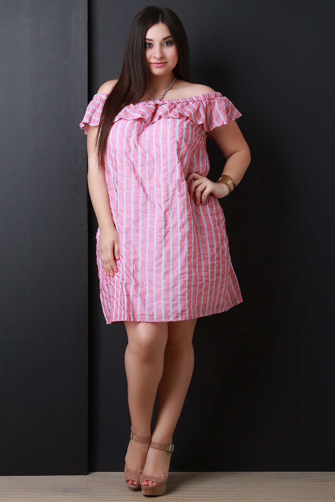 Off The Shoulder Ruffle Striped Shift Dress
