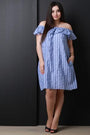 Off The Shoulder Ruffle Striped Shift Dress