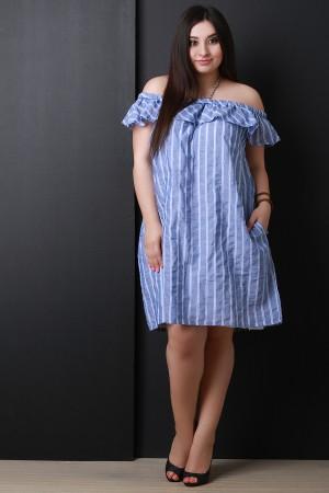 Off The Shoulder Ruffle Striped Shift Dress