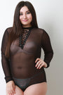 Semi-Sheer Mesh Lace-Up Bodysuit