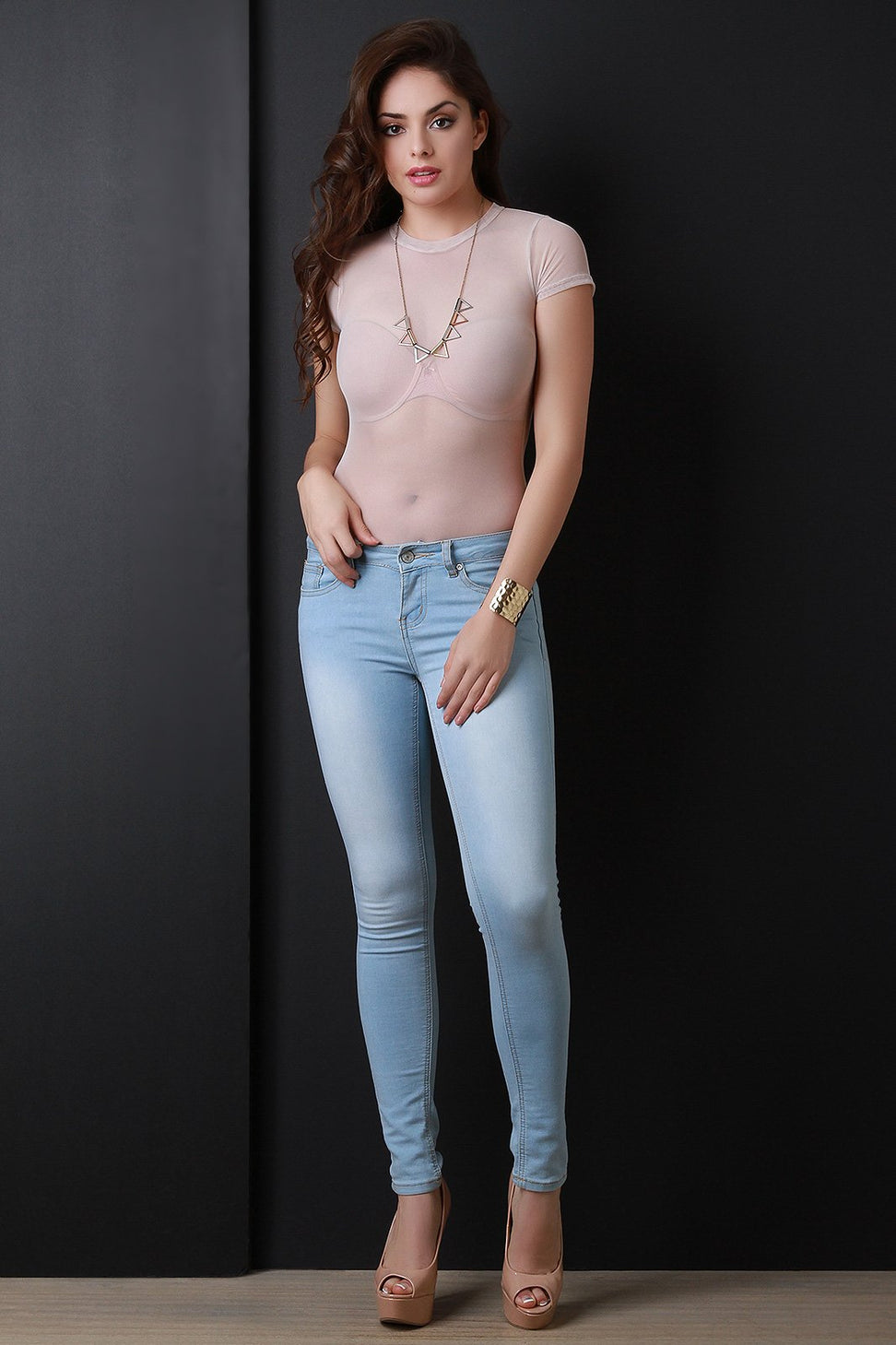 Semi-Sheer Mesh Short Sleeve Bodysuit