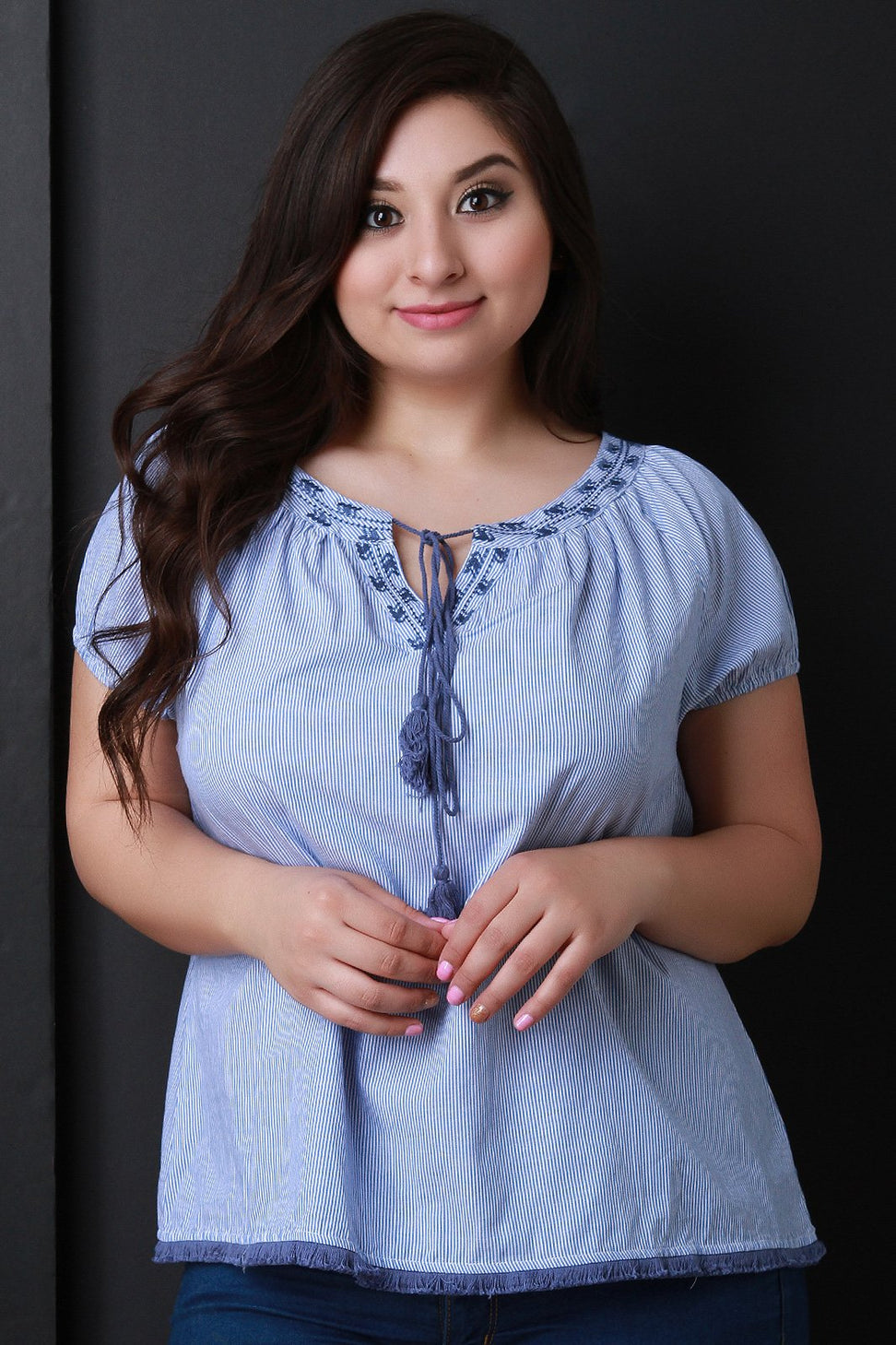 Embroidered Yoke Striped Top