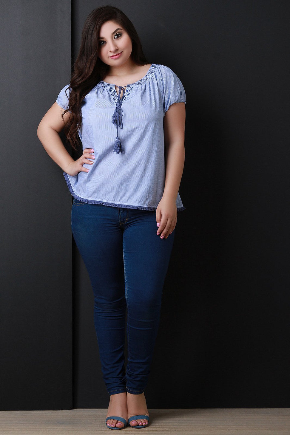 Embroidered Yoke Striped Top