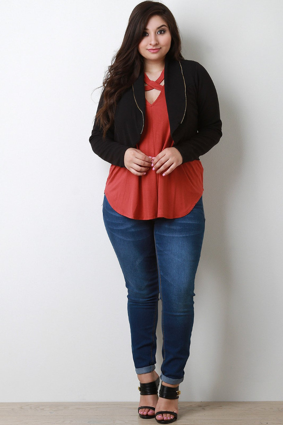 Lace Back Zipper Trim Crop Blazer Jacket