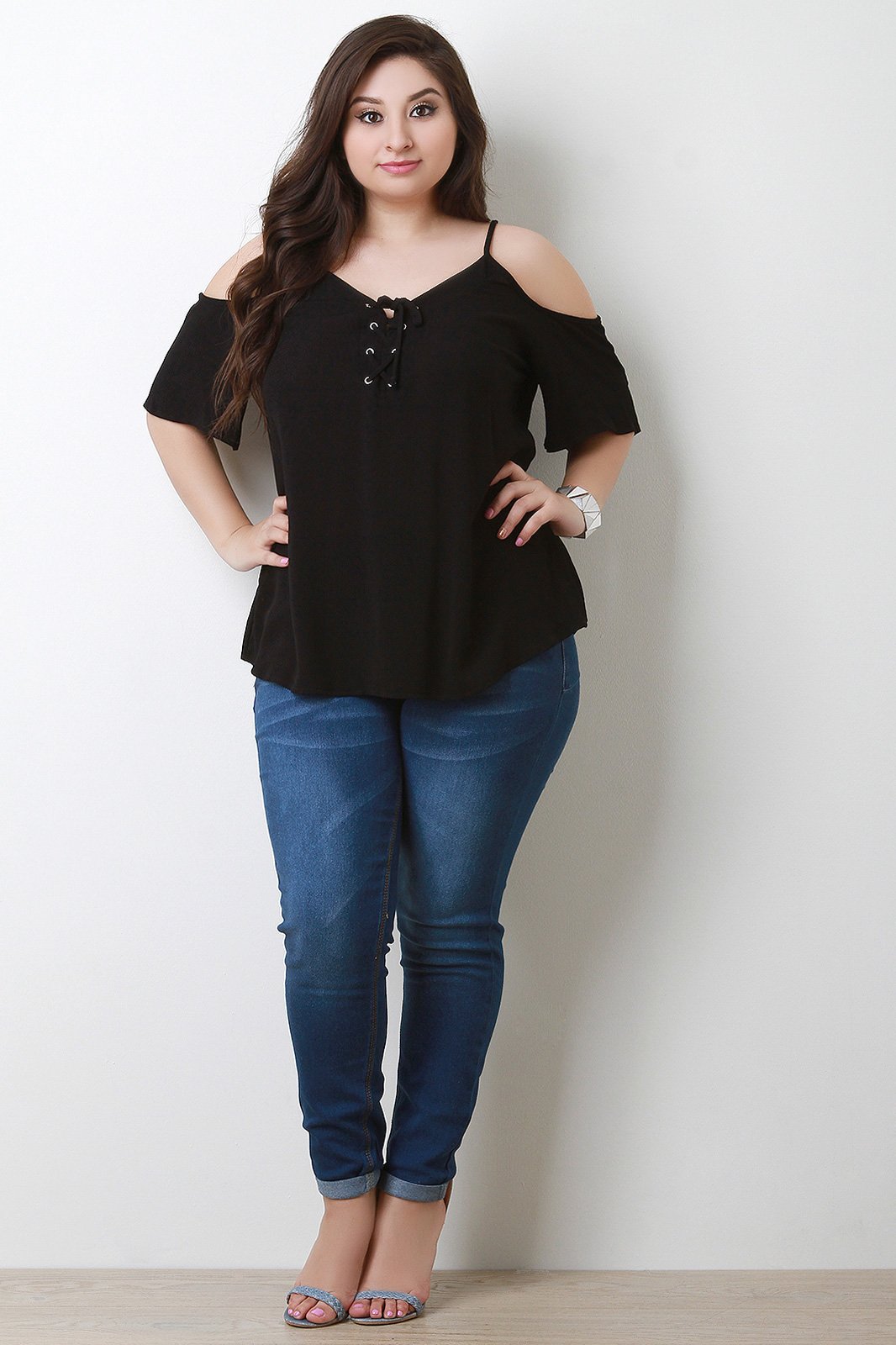 Cold Shoulder Lace Up Flowy Top