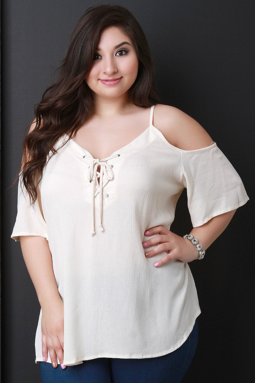 Cold Shoulder Lace Up Flowy Top
