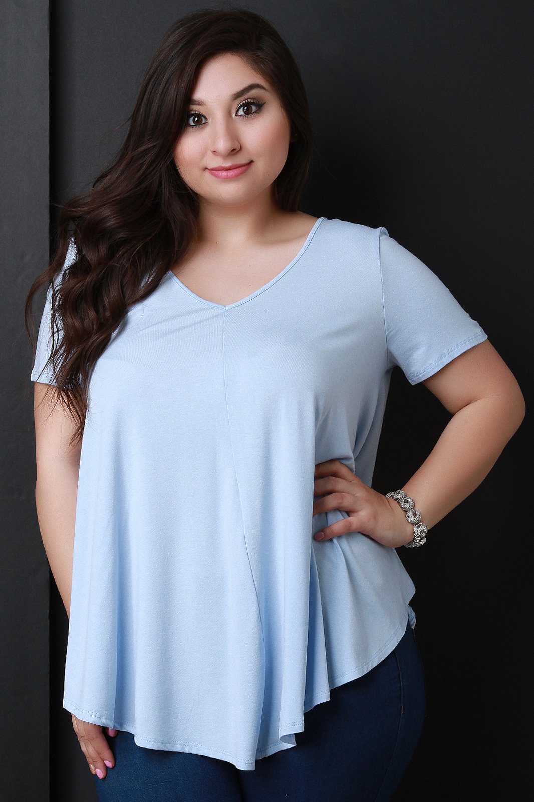 Simple V-Neck Handkerchief Hem Top