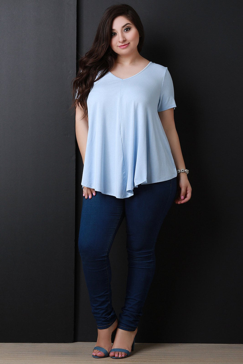 Simple V-Neck Handkerchief Hem Top