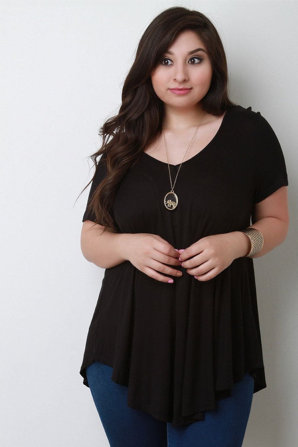 Simple V-Neck Handkerchief Hem Top