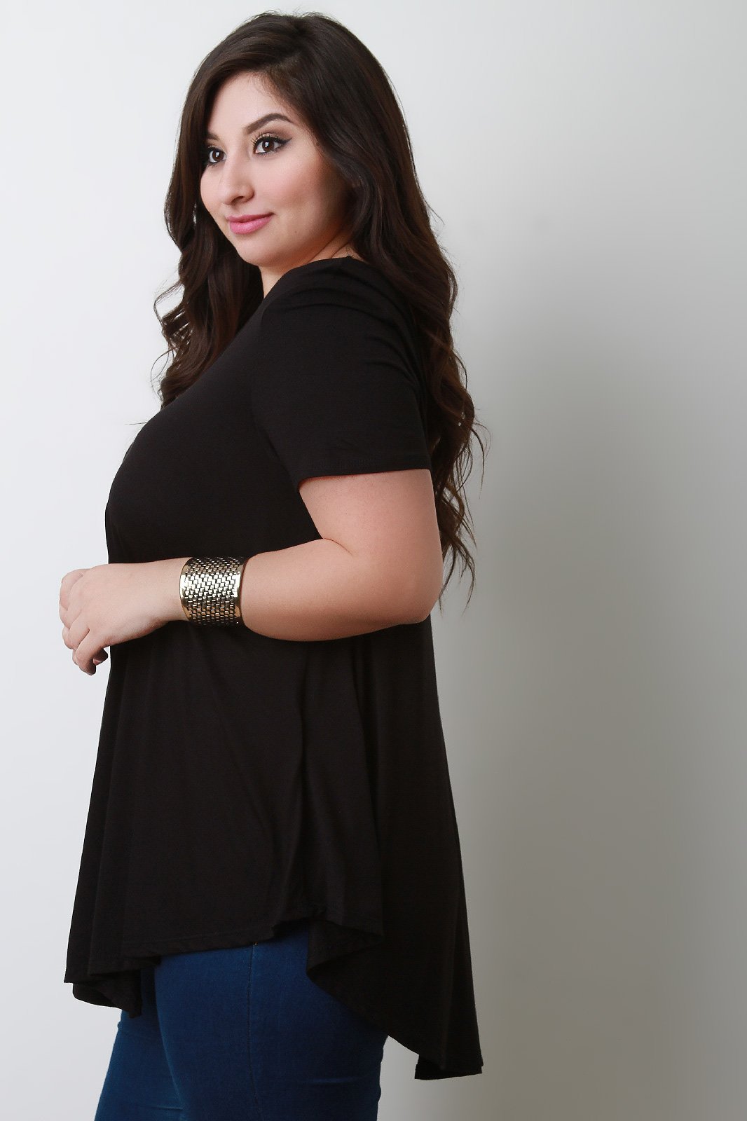 Simple V-Neck Handkerchief Hem Top