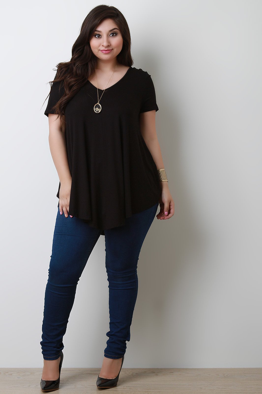 Simple V-Neck Handkerchief Hem Top