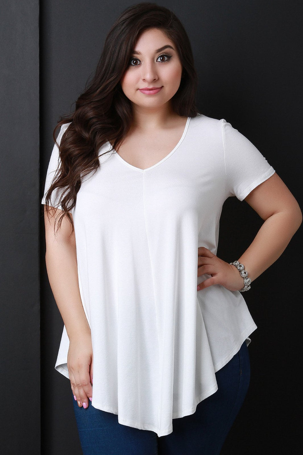 Simple V-Neck Handkerchief Hem Top