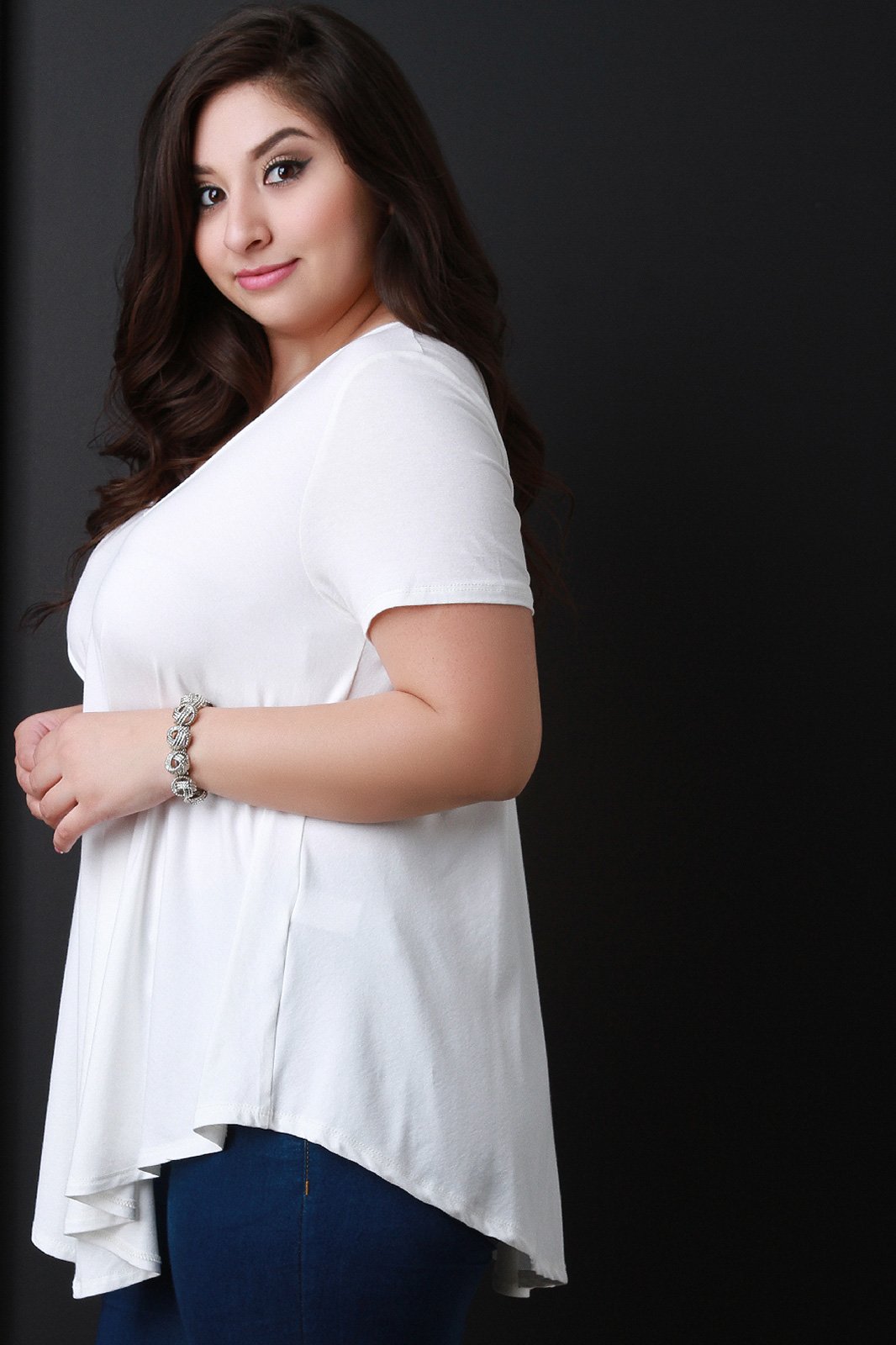 Simple V-Neck Handkerchief Hem Top