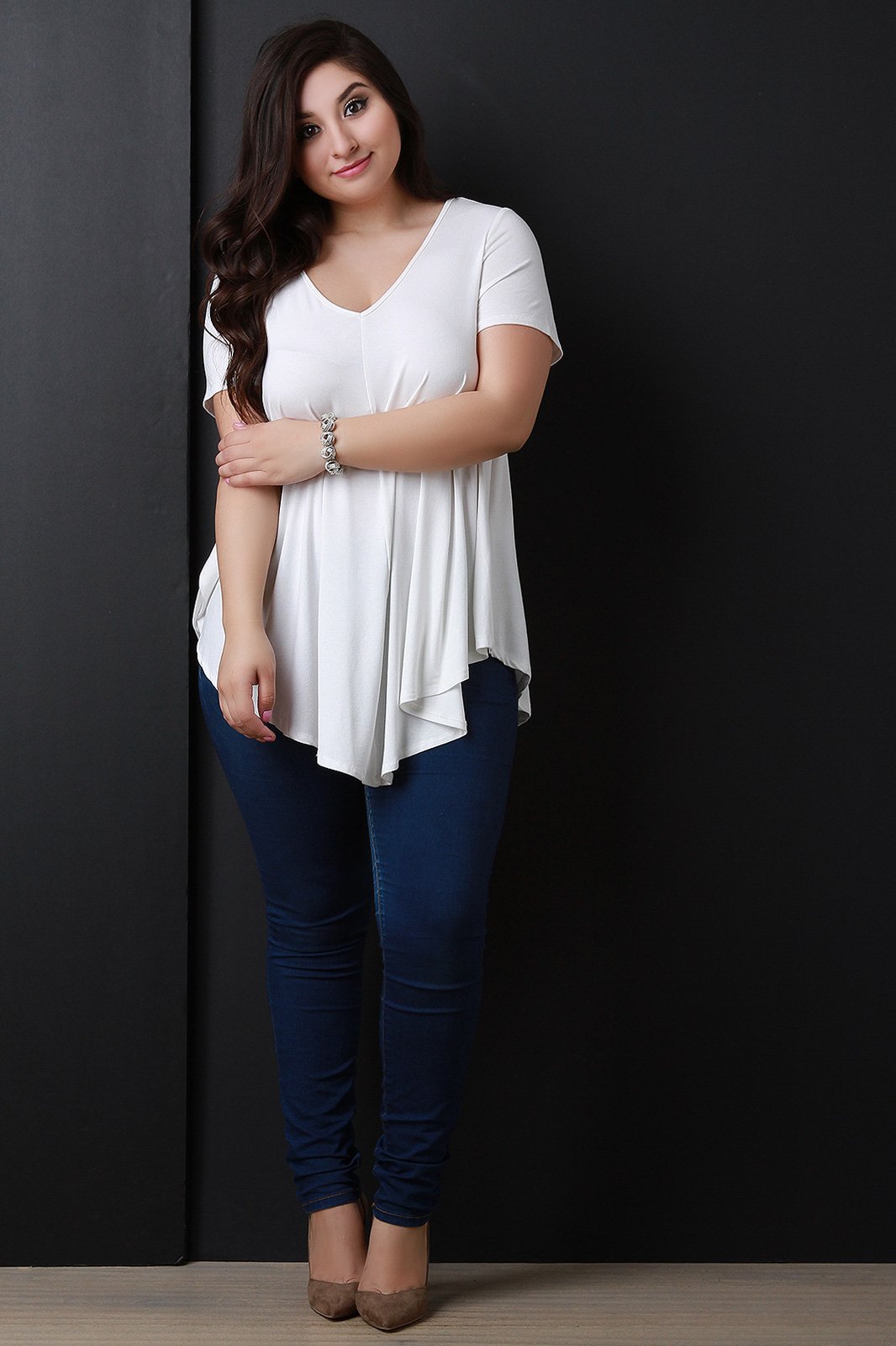 Simple V-Neck Handkerchief Hem Top