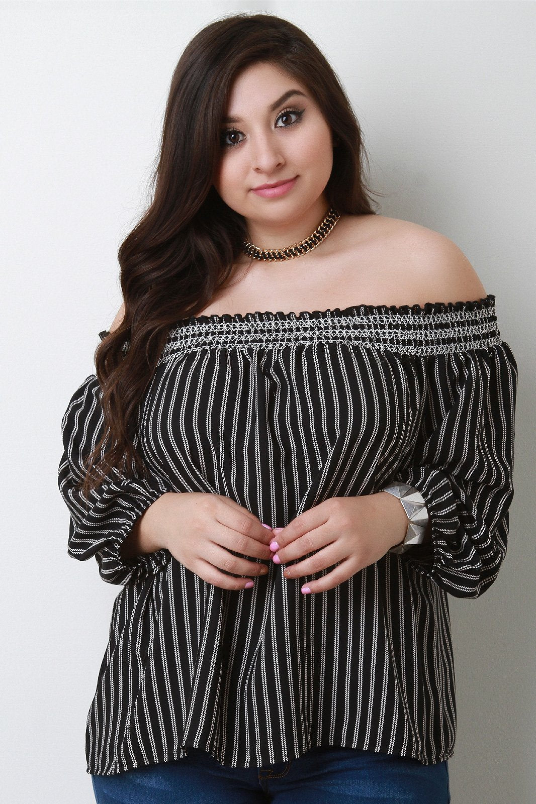 Smocked Off The Shoulder Striped Top