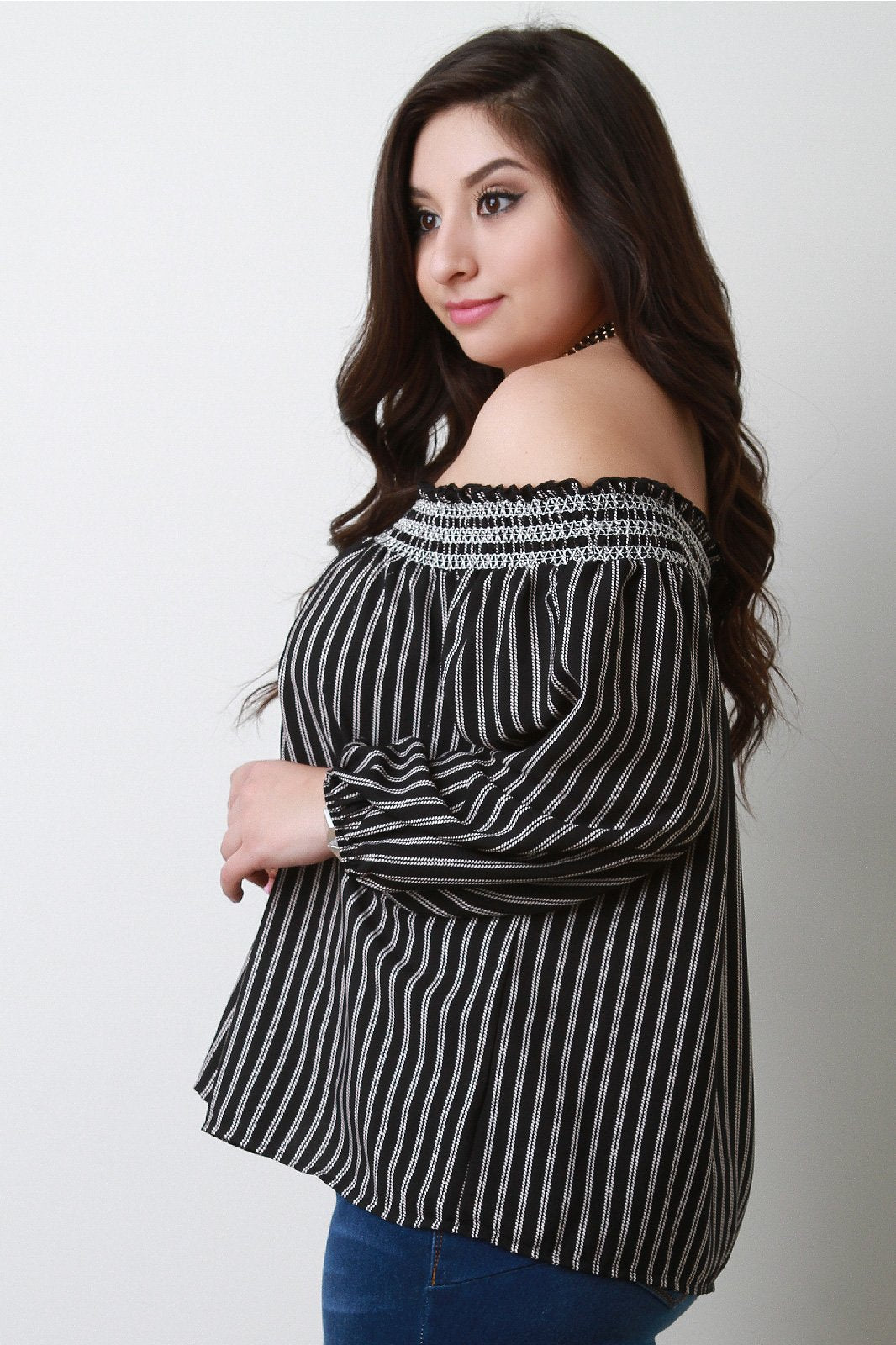 Smocked Off The Shoulder Striped Top