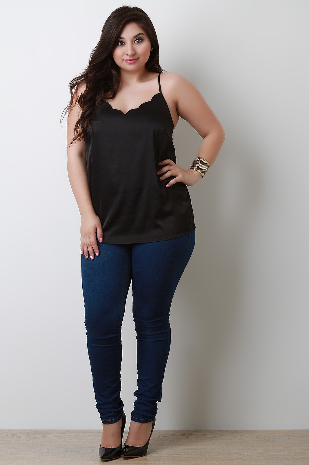 Scallop Trim Satin Spaghetti Strap Top