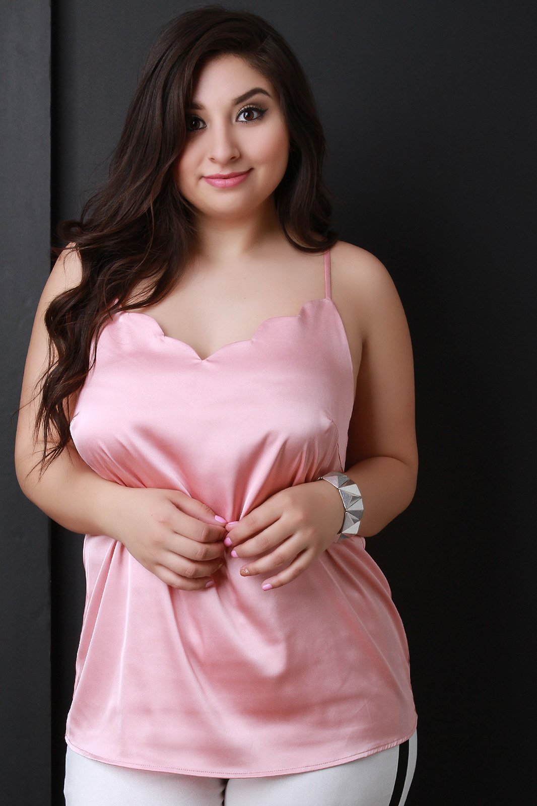 Scallop Trim Satin Spaghetti Strap Top