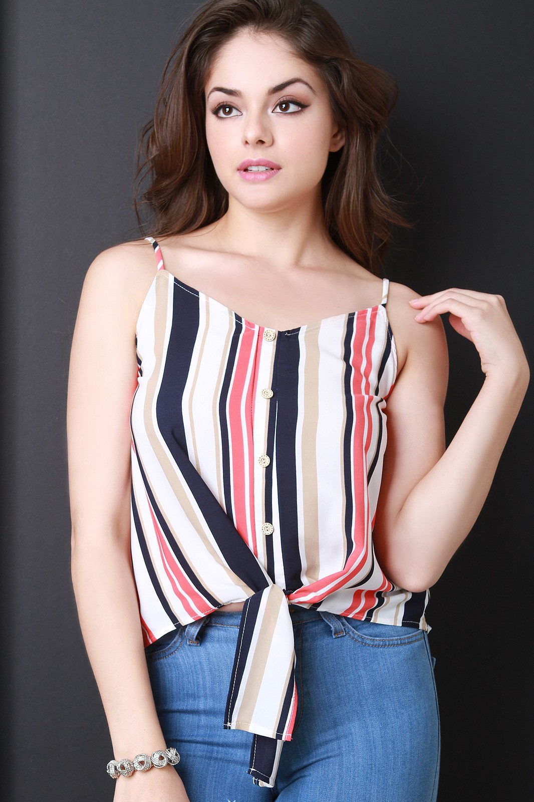 Sleeveless Self-Tie Front Striped Top