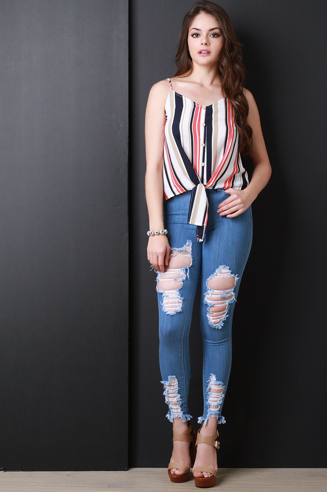 Sleeveless Self-Tie Front Striped Top