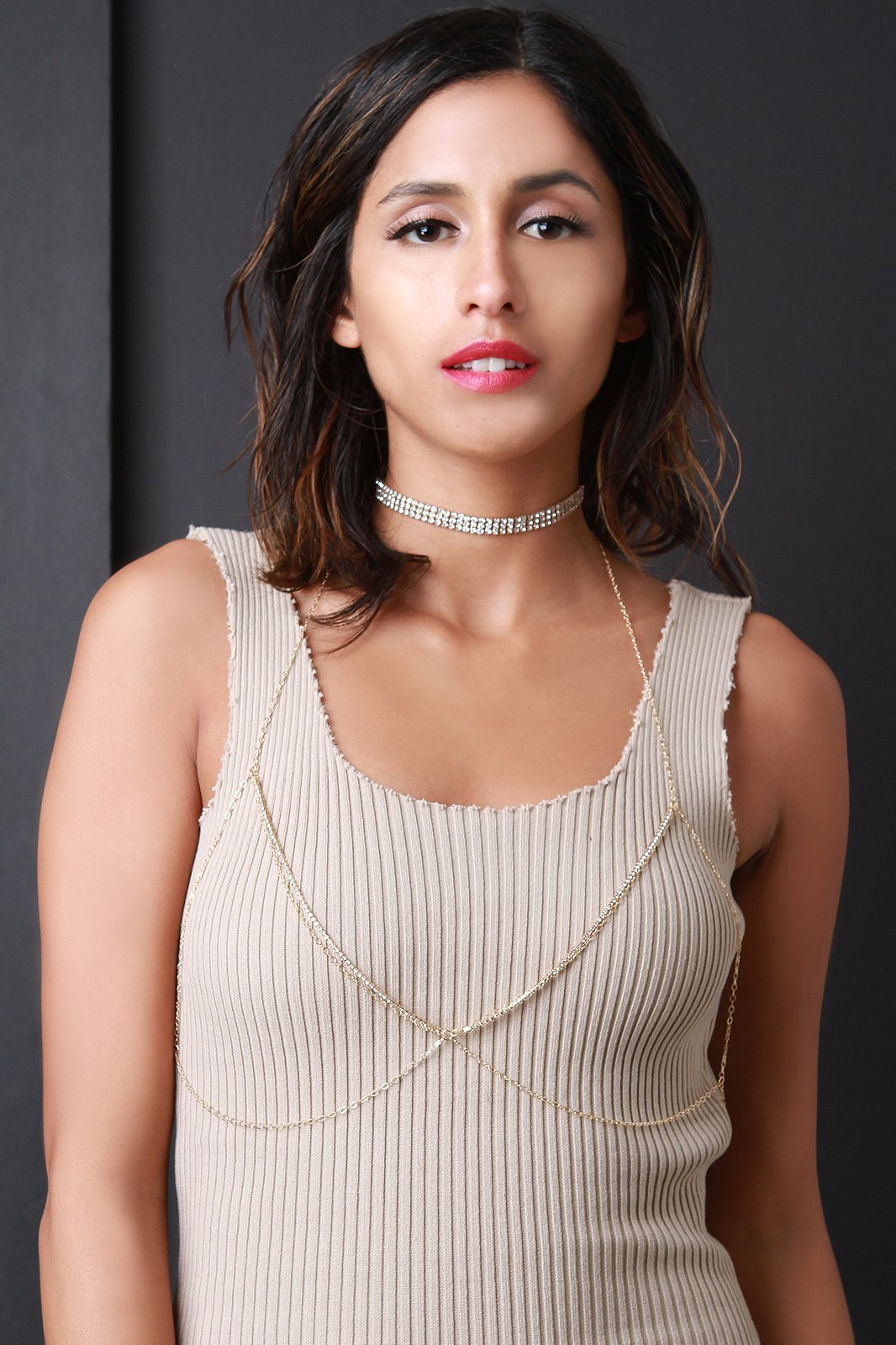 Rhinestone Choker Open Triangle Bra Body Chain