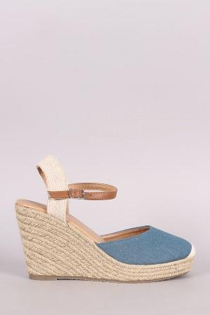 Round Toe Ankle Strap Espadrille Platform Wedge