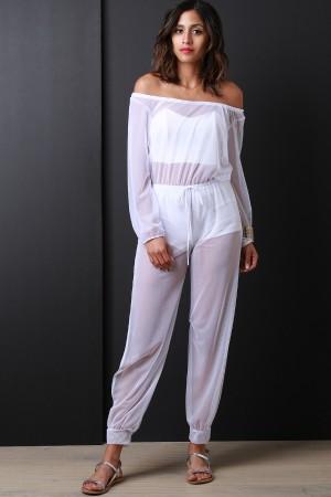Semi-Sheer Mesh Long Sleeves Jumpsuit
