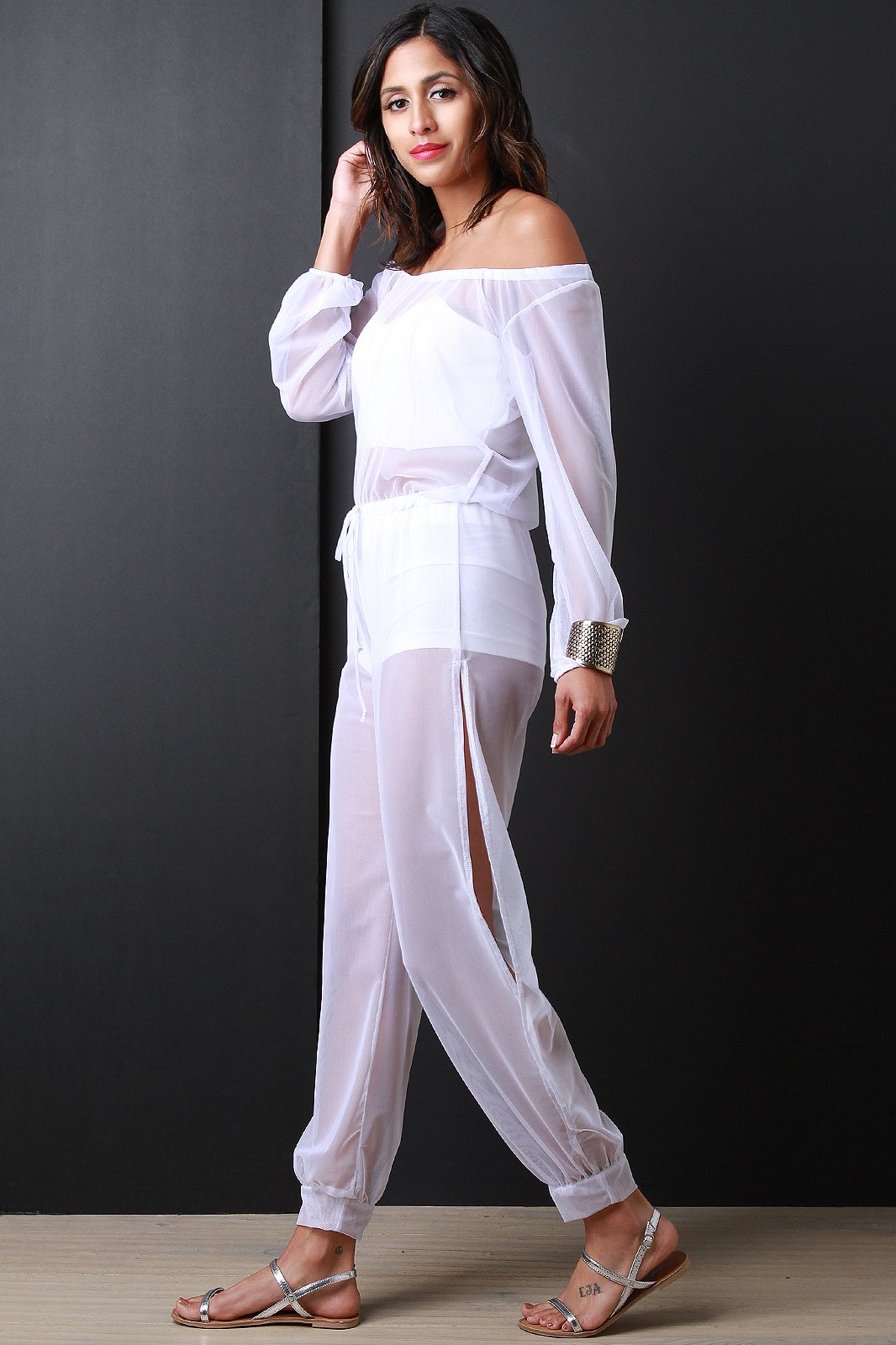 Semi-Sheer Mesh Long Sleeves Jumpsuit