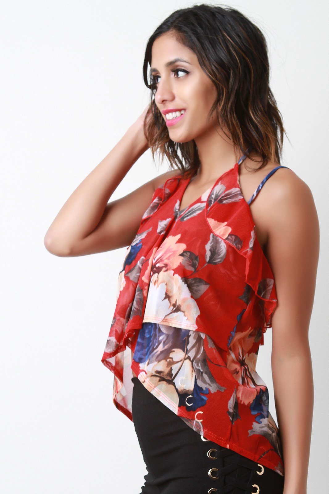 Floral Ruffle Strappy Halter Neck Top
