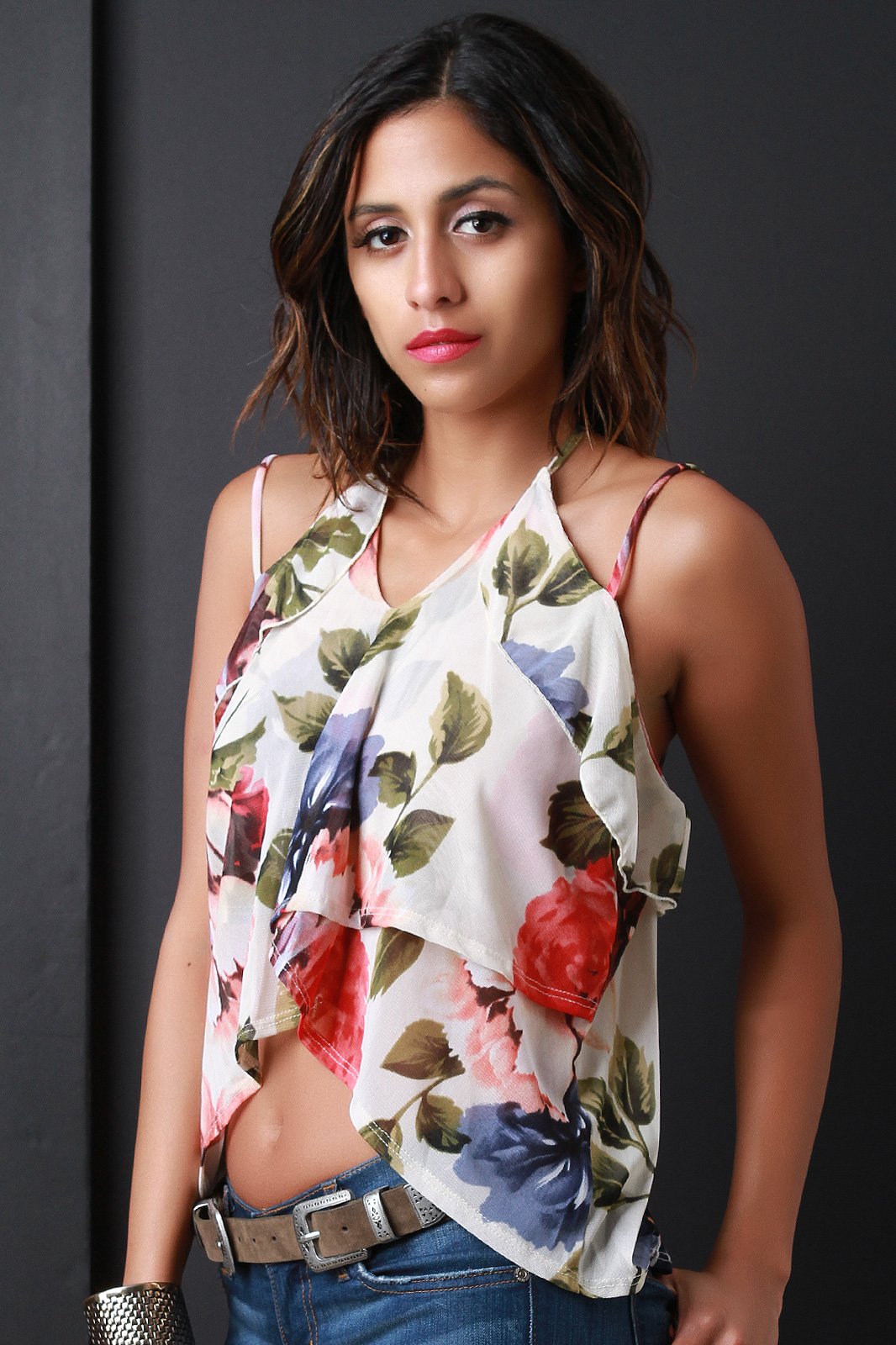 Floral Ruffle Strappy Halter Neck Top