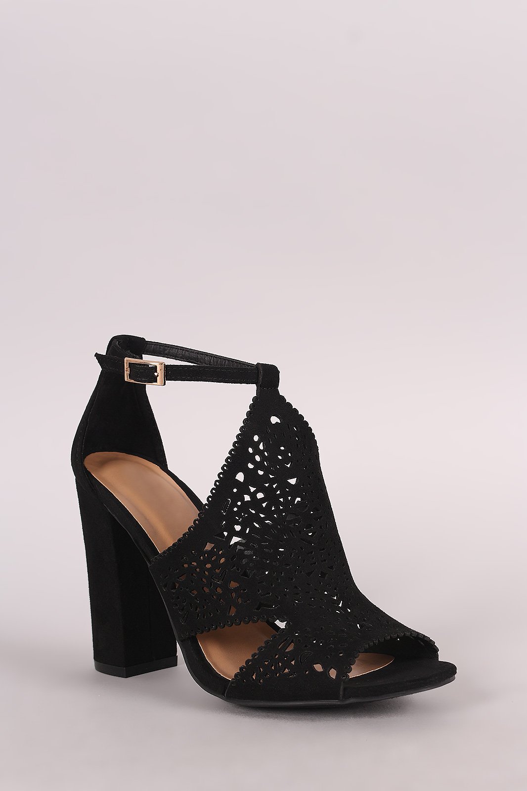 Bamboo Suede Perforated Shield Cutout Chunky Heel