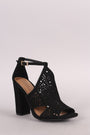 Bamboo Suede Perforated Shield Cutout Chunky Heel
