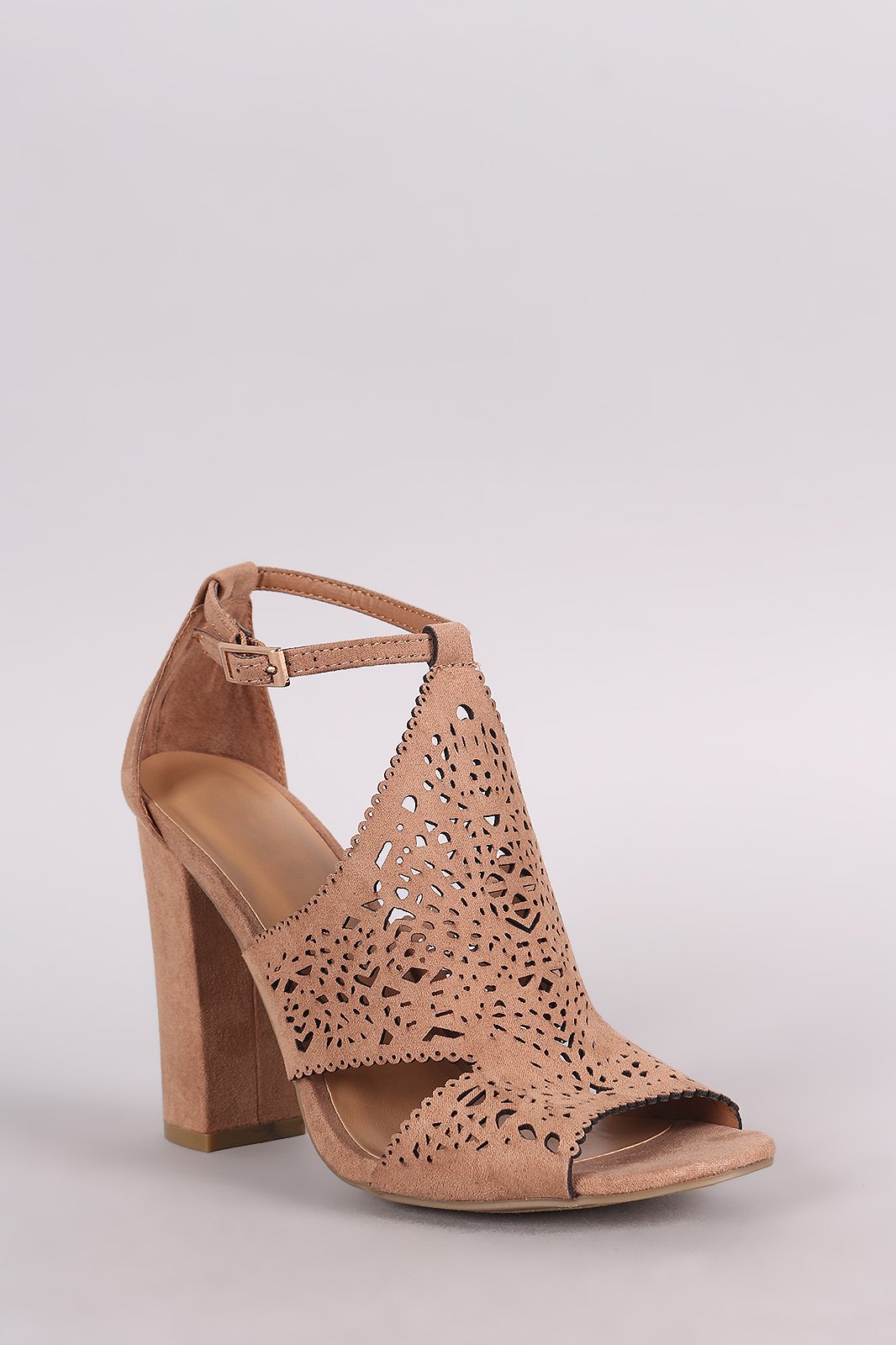Bamboo Suede Perforated Shield Cutout Chunky Heel
