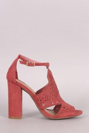 Bamboo Suede Perforated Shield Cutout Chunky Heel