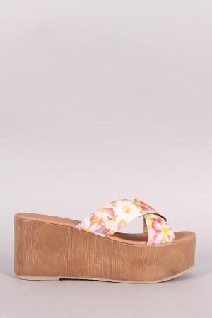 Qupid Flower Print Crisscross Flatform Wedge Sandal