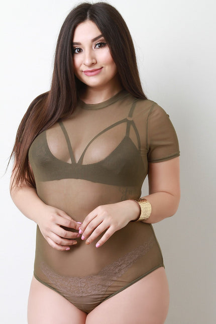 Semi-Sheer Mesh Crew Neck Bodysuit