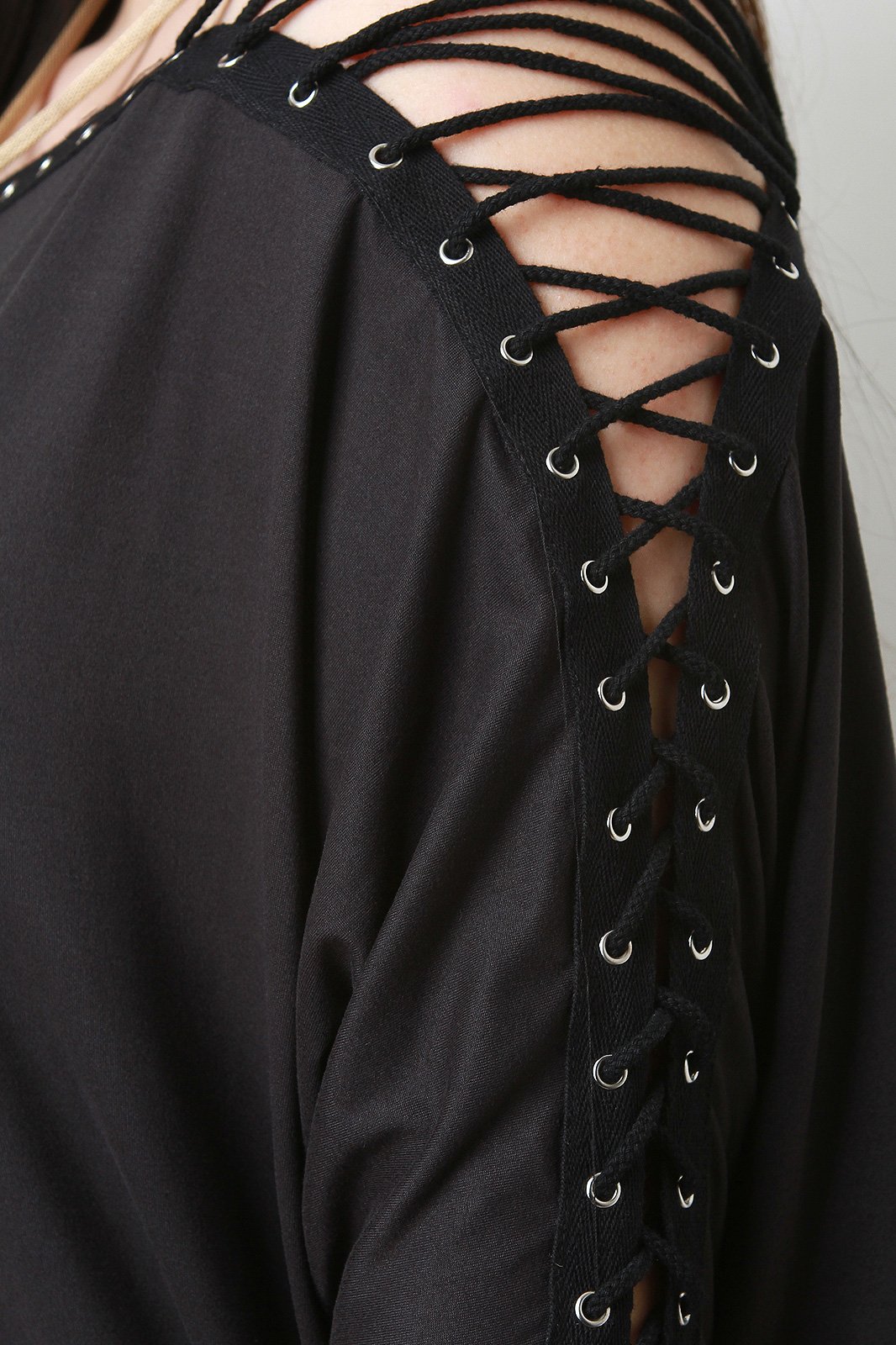 Eyelet Lace Up Dolman Sleeves Midi Dress