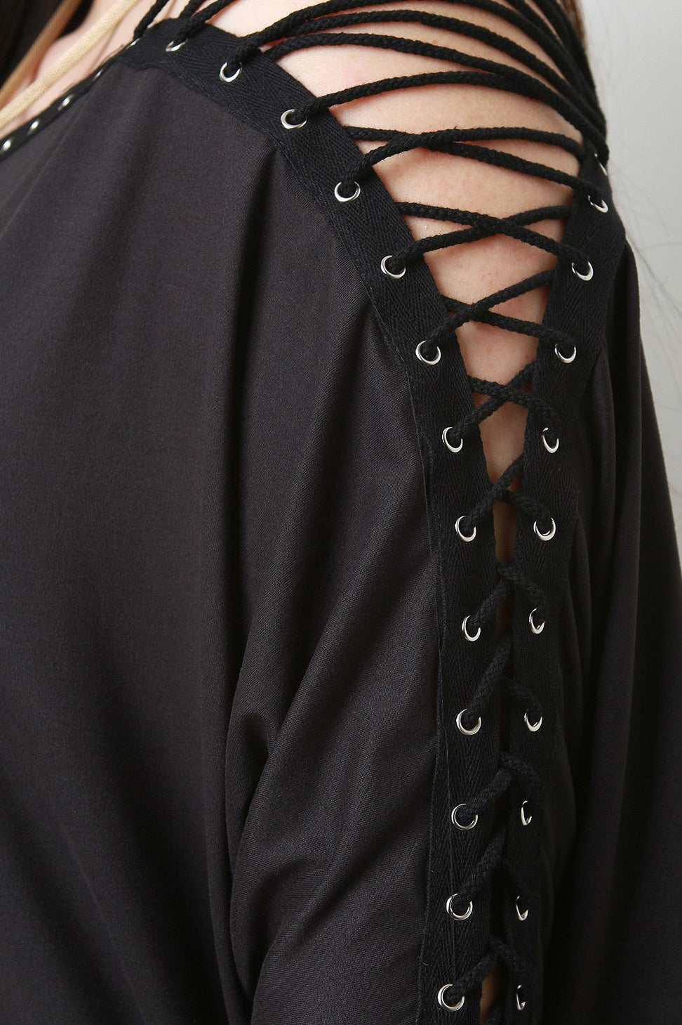 Eyelet Lace Up Dolman Sleeves Midi Dress