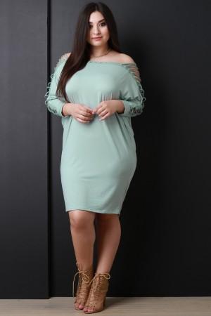 Eyelet Lace Up Dolman Sleeves Midi Dress
