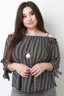Striped Chiffon Cold Shoulder Tie Sleeves Top