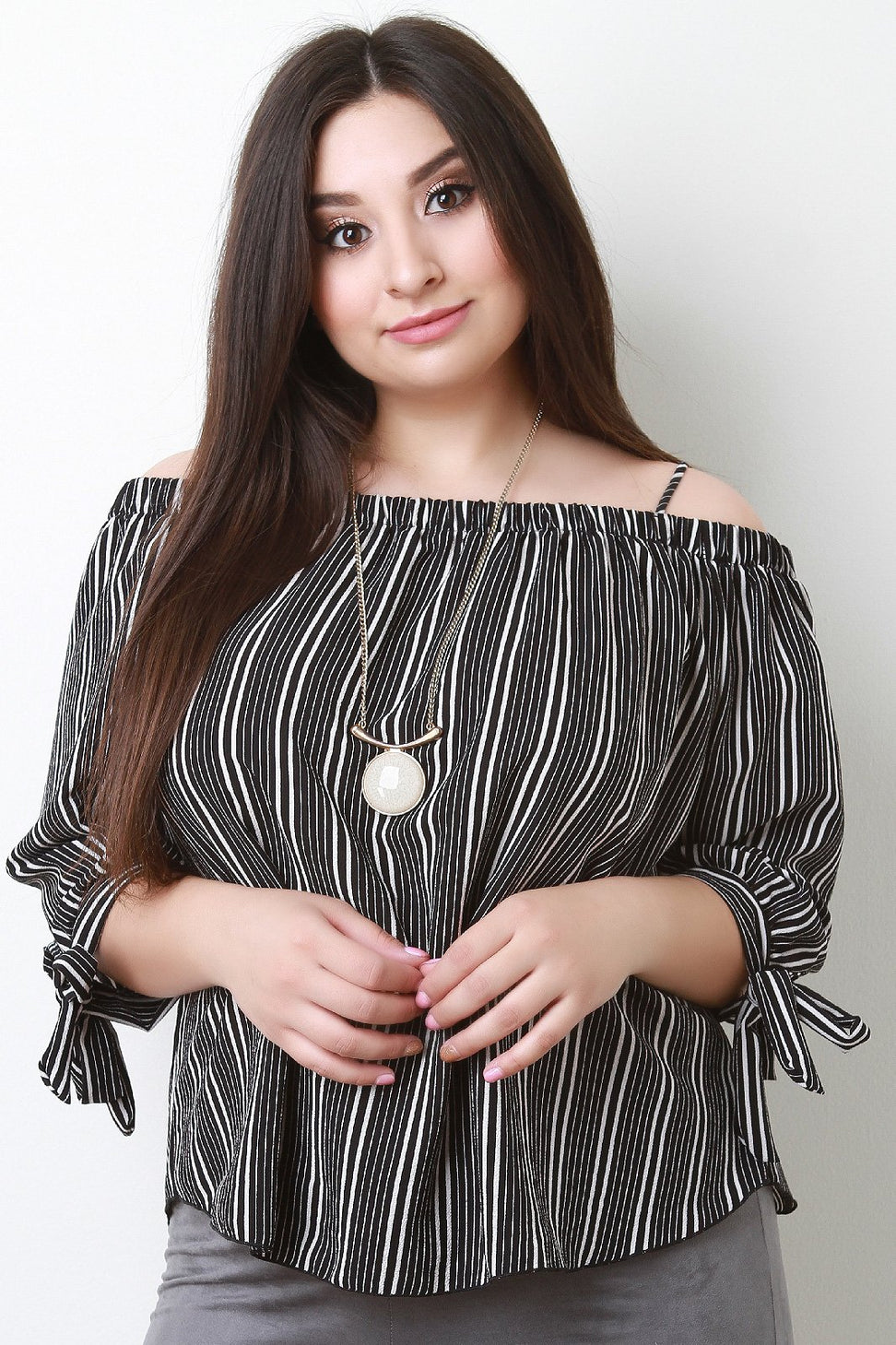 Striped Chiffon Cold Shoulder Tie Sleeves Top