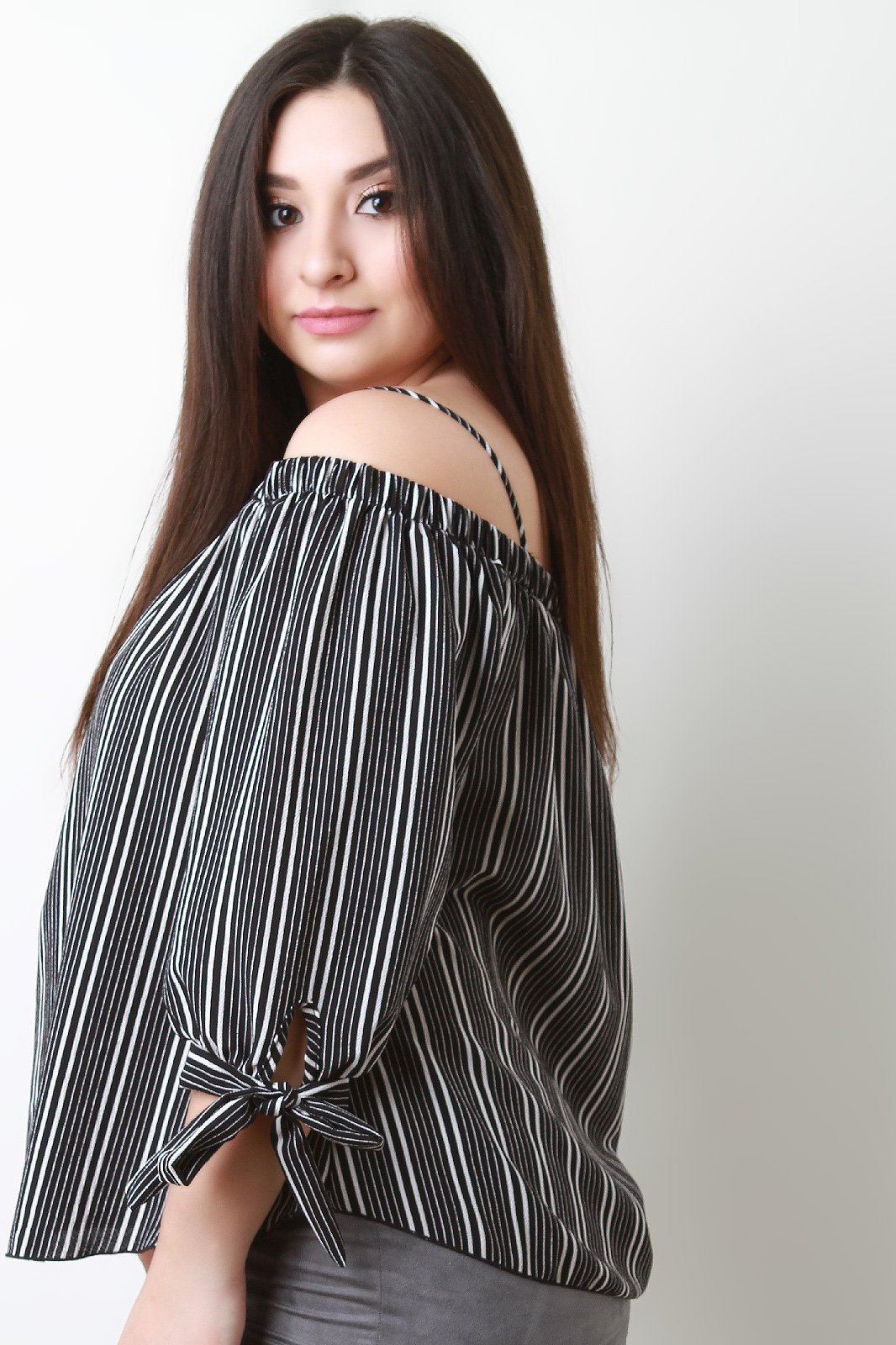 Striped Chiffon Cold Shoulder Tie Sleeves Top