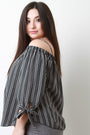 Striped Chiffon Cold Shoulder Tie Sleeves Top