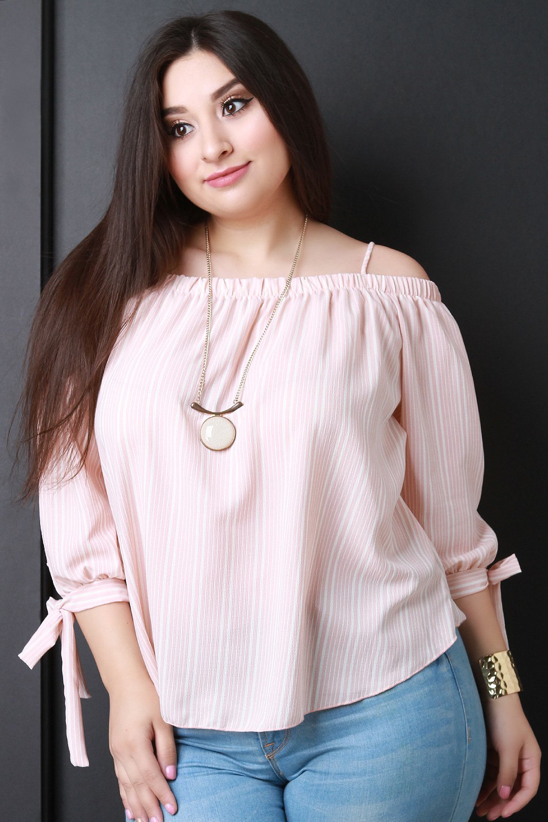 Striped Chiffon Cold Shoulder Tie Sleeves Top